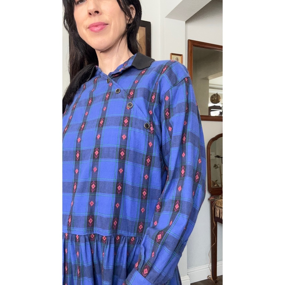 Vintage 80s 90s Eddie Bauer Outdoor Seattle Grunge Plaid Geometric Flannel Dress - Picture 3 of 9